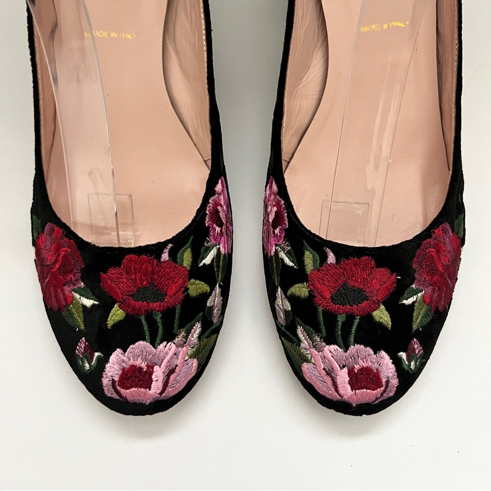 Kate Spade Black Velvet Floral Embroidered Block Heel Ankle-Strap Pumps 9 - Picture 2 of 8